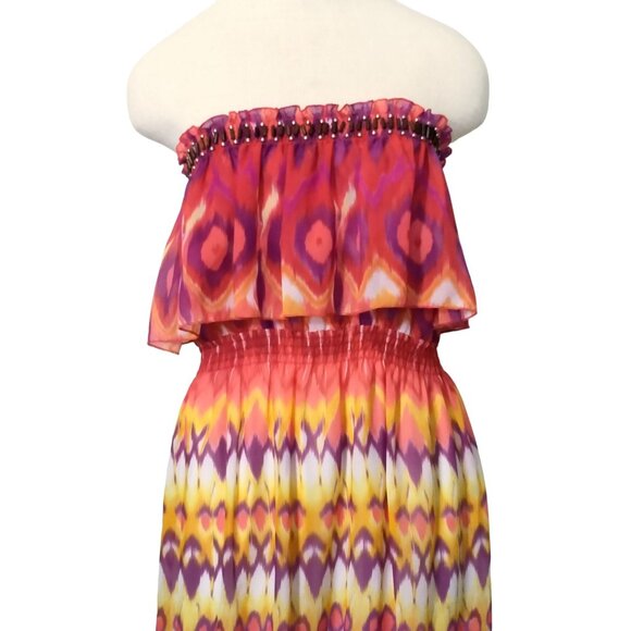 2b Bebe Strapless Maxi Dress With Beaded Top & Vibrant Boho Print Size Medium - Picture 3 of 9